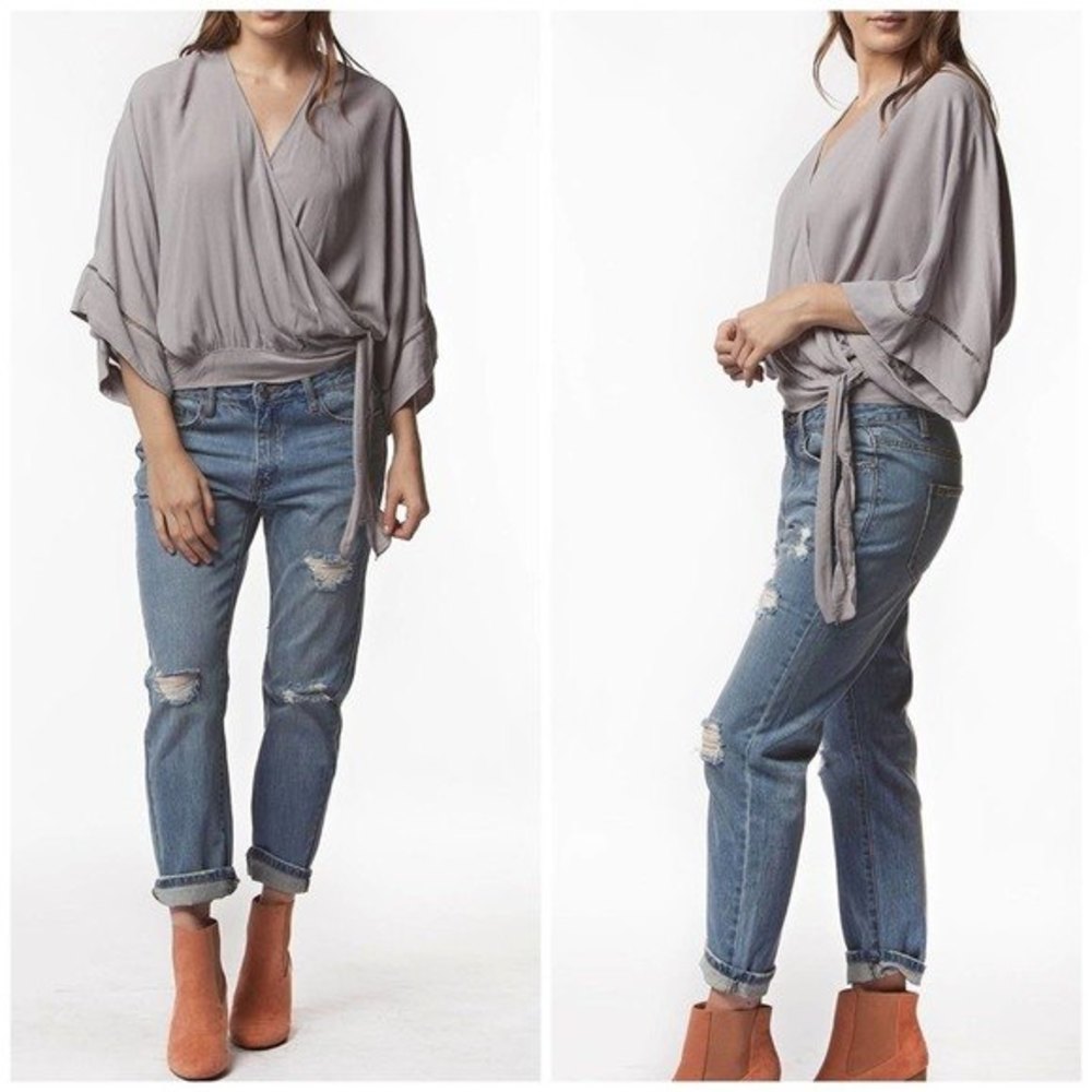 PPLA Wrap Blouse Gray Taupe 100% Rayon